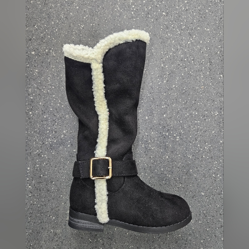 Dream Pairs Girls Mid-Calf Boots - Black Faux Suede Shearling Fur Trim Buckle